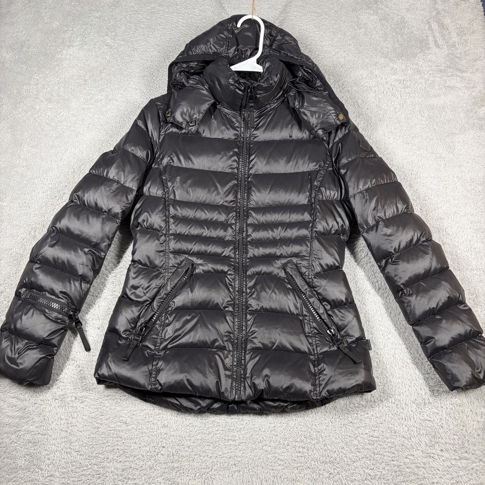 Andrew Marc Duck Down Puffer Bubble Jacket Womens XS Black 650 Fill Hooded